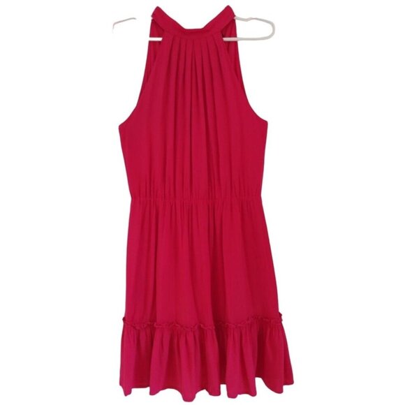 Pink sleeveless halterneck dress with ruffle hem and bow at back, viscose. - Picture 1 of 7